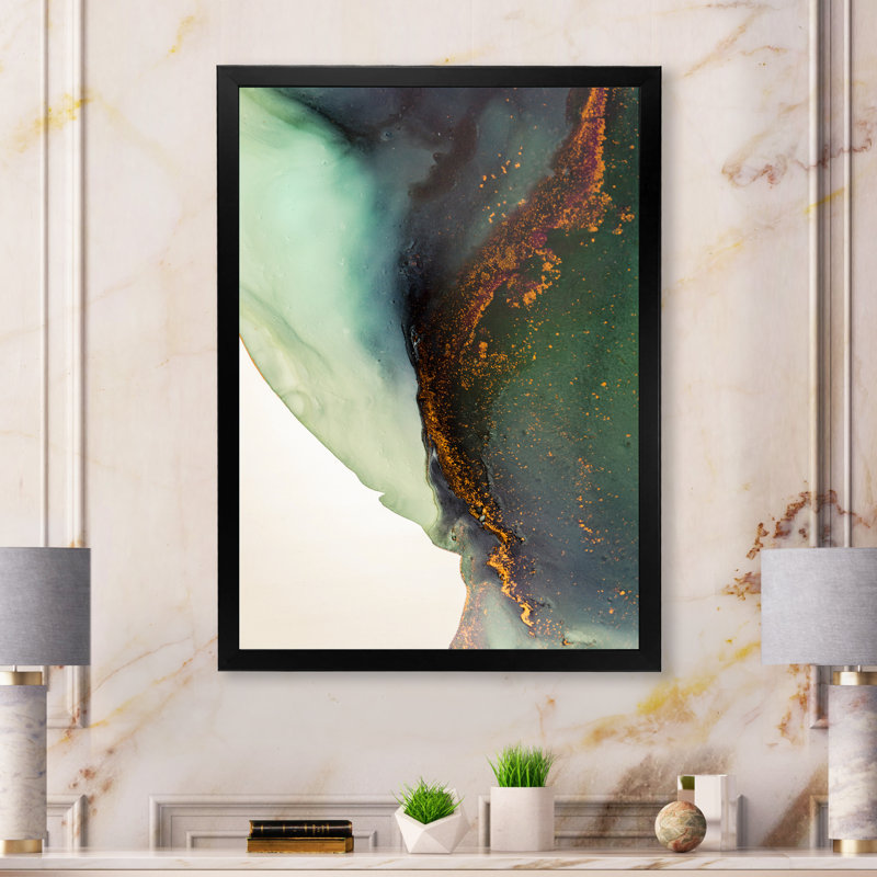 Peinture marbrée verte et dorée - décoration murale moderne en toile, L 12 po x H 20 po x P 1 po, Toile avec cadre photo noir
