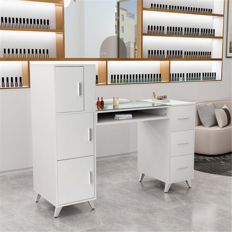 Table manucure à ongles avec plateau en verre et repose-poignet, Blanc
