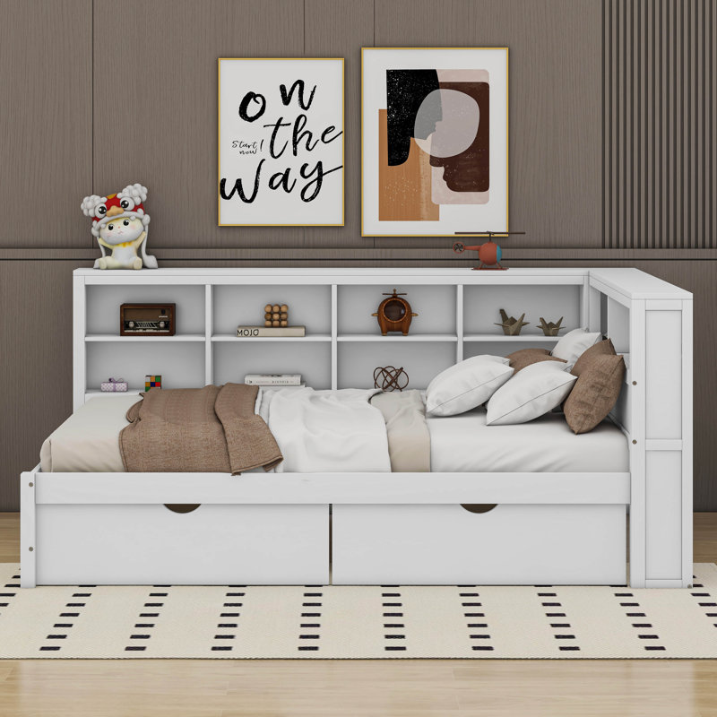 Wooden DayBed with 2 Drawers, Shelf and USB Charging Ports, Full/Double, White