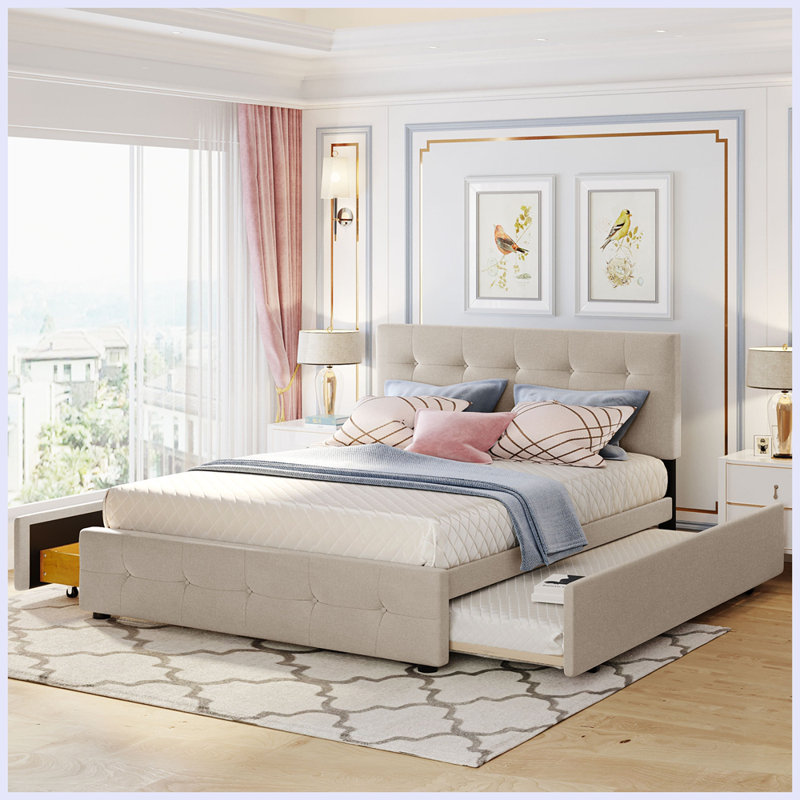 Lit plateforme tapissier Modern avec 2 tiroirs et 1 lit gigogne Modern, Beige