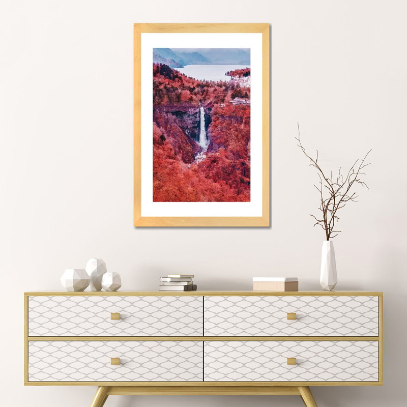 "Kegon Falls" par Hobopeeba-reproduction d’art, Blanc, H 24 po x l 16 po x P 1 po, Toile avec cadre en bois beige