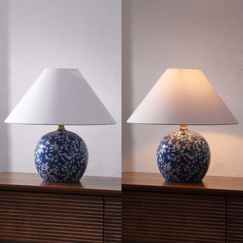 Felice 17.25" Modern Cottage Floral Ceramic Globe LED Table Lamp, Blue/White