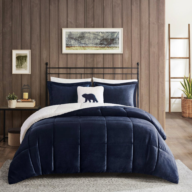 Bleu marine + édredon - double / grand, to, duvet synthétique, 2 taies décoratives et 1 coussin décoratif pour le lit