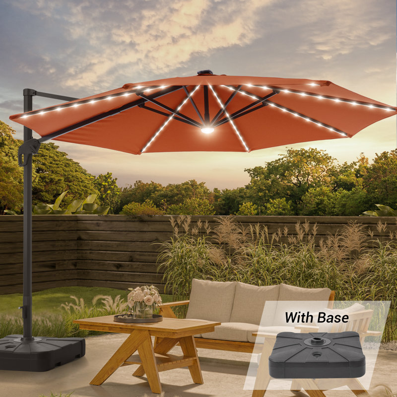 Parasol de patio décalé en porte-à-faux à DEL 11 pi avec base Moriceau, Orange