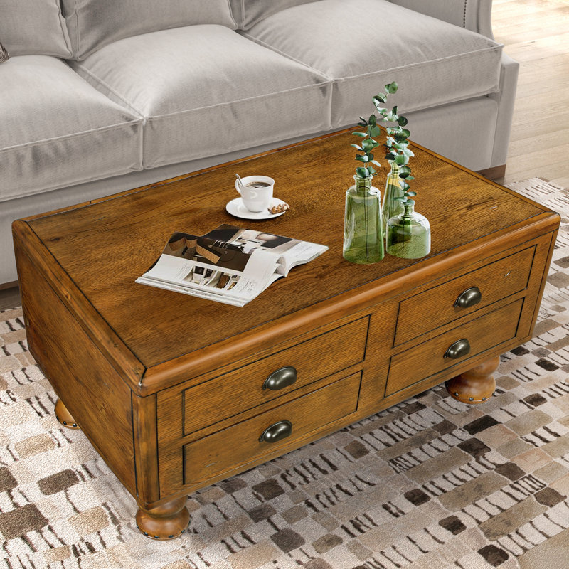 Table basse rectangulaire avec 4 tiroirs et pieds robustes, Brun antique