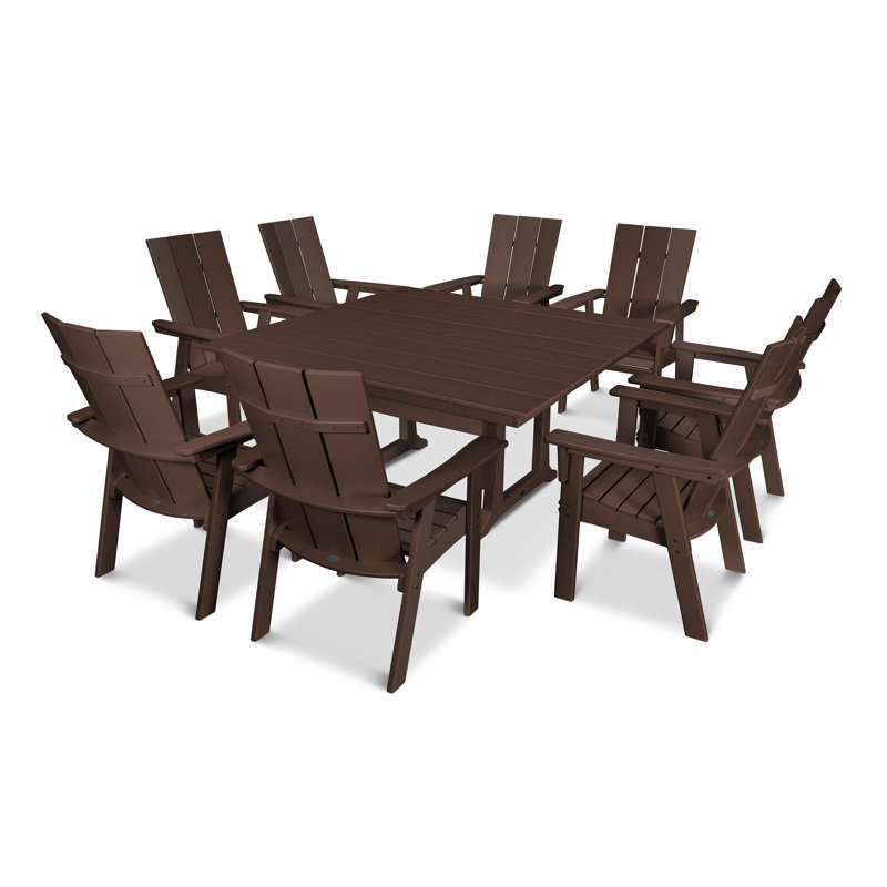 POLYWOOD Modern Curveback Adirondack 9-Piece Farmhouse Trestle Dining Set, Mahogany, 9 Pieces: Table, 8 Chairs