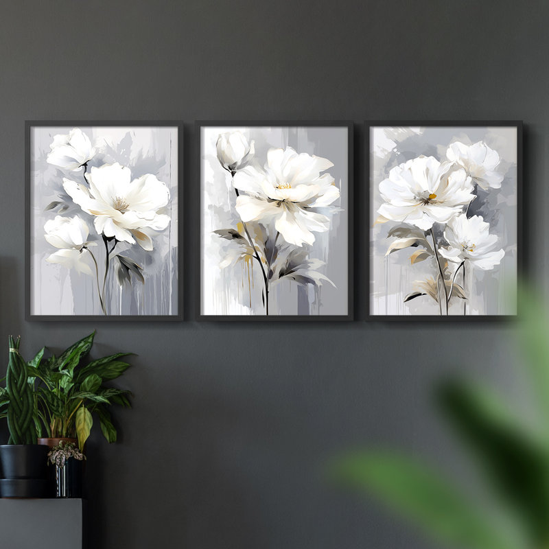 Étude florale CXLVI -Set de 3 estampes giclées encadrées -Prêt à, H 28 po x l 22 po, Black Framed