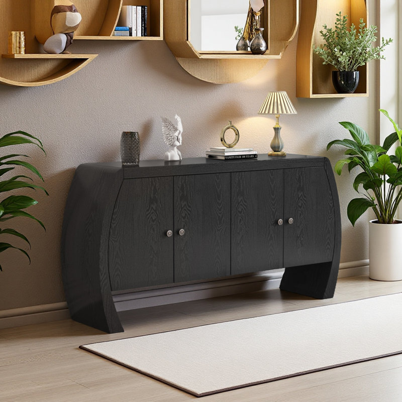 Four-Door Ash Veneer Storage Cabinet With Curved Legs, Black