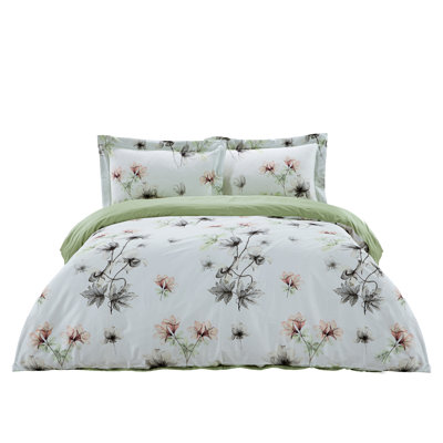 White Flower Green Duvet Cover 3Pcs, (1 Duvet Cover + 2 Pillow Shams)