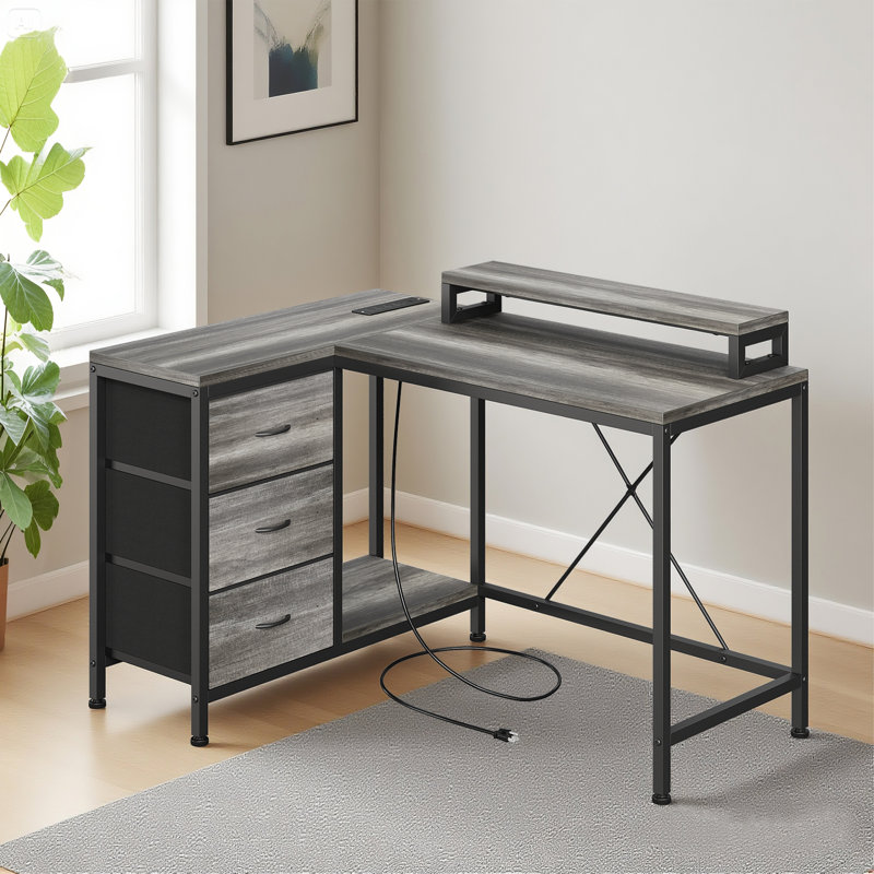 Bureau d'ordinateur en L 47 pouces avec prises de courant et lumières à DEL, 3 tiroirs, Gris
