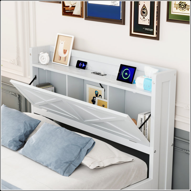 Lit simple en bois avec tête de lit et prises de rangement, extensible avec lit gigogne simple pour une meilleure efficacité