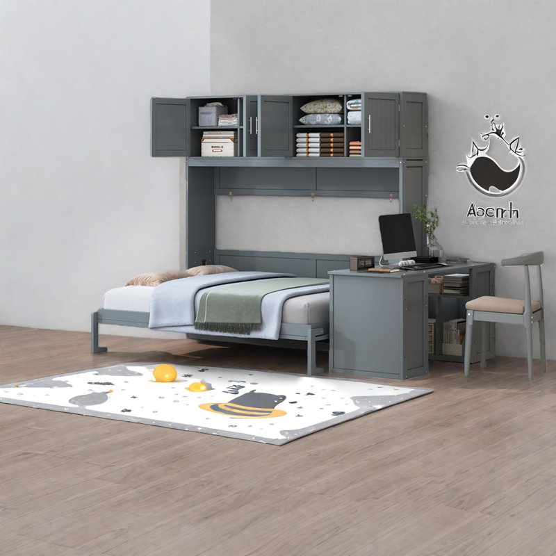 Grand lit escamotable peu encombrant avec rangement en bois, design moderne pour la maison