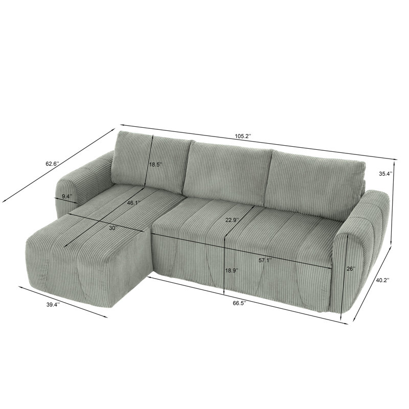 Convertible Sectional Sofa Couch, Gray Corduroy