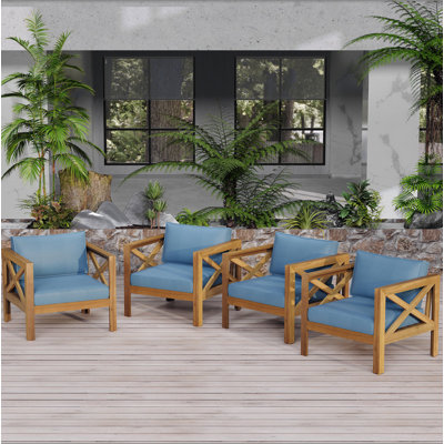 Outdoor Acacia Wood Club Wooden Armchair With Cushions (Set Of 4), Conversation Set