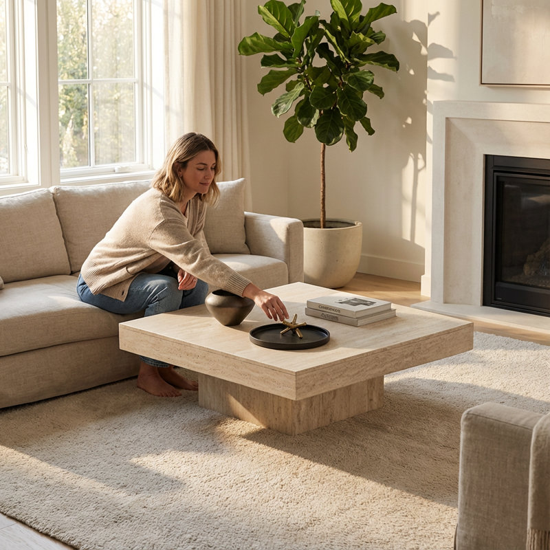 28.3'' Faux Travertine Square Coffee Table, Modern Minimalist Pedestal Centerpiece for Living Room