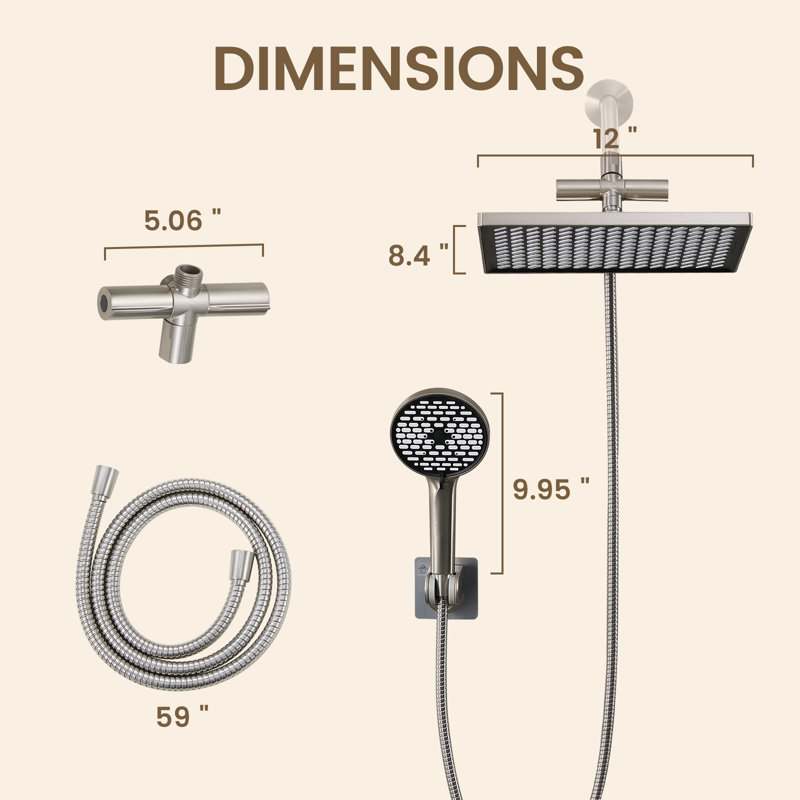 Pomme de douche rectangulaire double 12 po avec douchette à 6 jets nickel brossé, Nickel brossé