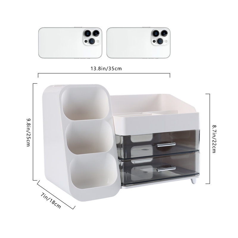 Organisateur de maquillage amovible anti-poussière, grand comptoir avec porte-pinceau et 2 tiroirs, rangement pour coiffeuse pour parfums / palettes / vernis à ongles, cadeau facile à nettoyer pour les femmes