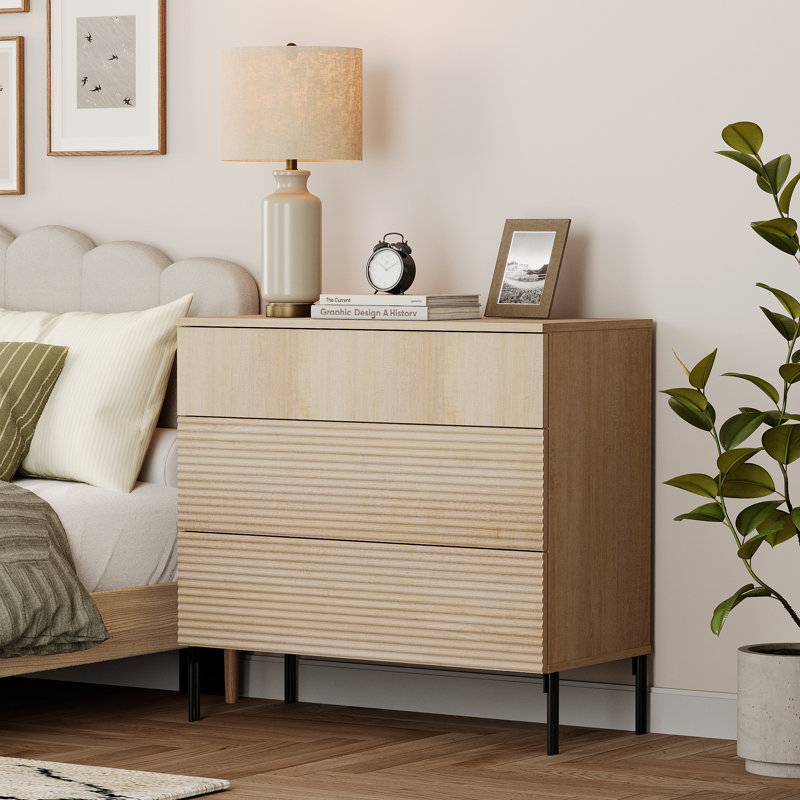 Union Rustic Modern Minimalist Wood Nightstand With 3 Drawers ,31.5" Large End Table,Reeded Design Bedside Table For Bedroom, Living Room,Entryway