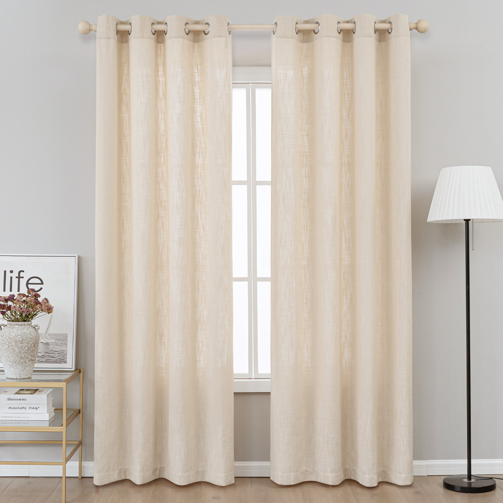 Kambi Semi-Sheer Linen Blend Curtain Set, 52" W x 96" L, Sand