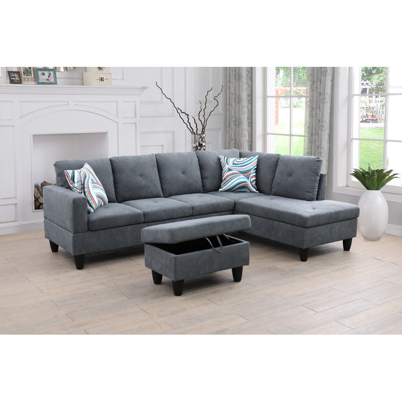 Evelyngrace Upholstered L-Shaped Sectional, Davy Gray Microfiber, Right Hand Facing