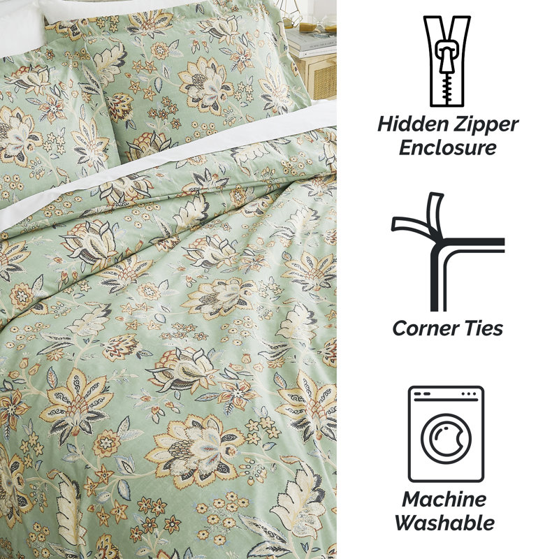 Ensemble de housse de couette surdimensionnée Jacobean Willow, Housse de couette très grand et 2 très grandes t, Vert