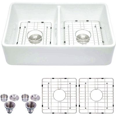 32" L X 20" W Double Basin Farmhouse Kitchen Sink With Basket Strainer