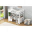 Lit mezzanine double avec bureau en U, tiroirs et tablettes de rangement, blanc-248326639-248326624