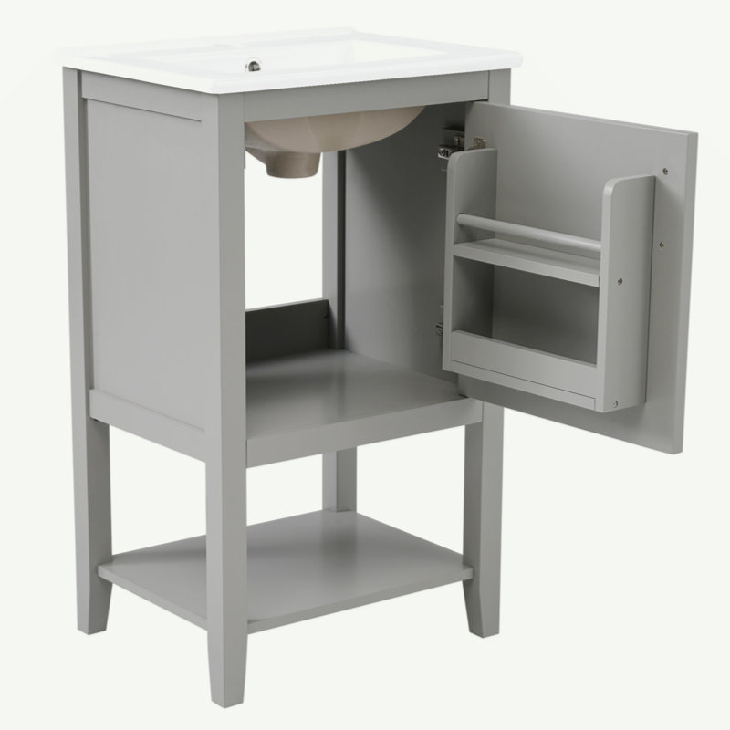 Meuble-lavabo de 20 po avec lavabo, armoire de salle de bain avec porte à fermeture douce, support de rangement et tablette ouverte, gris