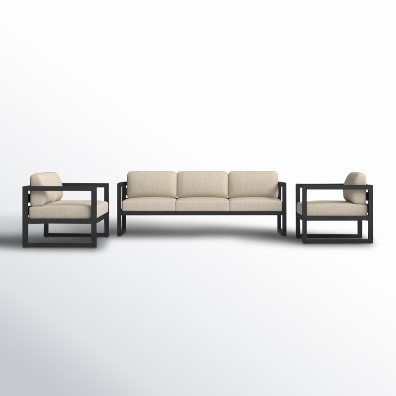 Avion 3 Piece Sofa Loveseat Set, Canvas Flax Sunbrella® Canvas, Black