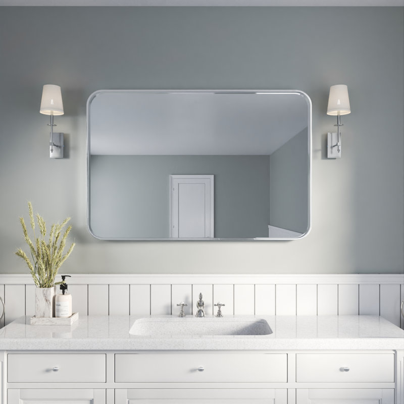 Élégant miroir encadré en aluminium avec coin arrondi pour une décoration intérieure élégante, Argent argent, Rectangulaire
