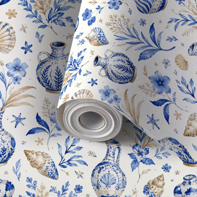 Peel and Stick Wallpaper Contact Paper Blue White Floral Seashells Self Adhesive and Removable 24in x 118in(60x300cm)