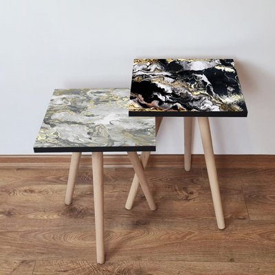 Modern Nesting Tables (2 Pieces), Abstract Marble Design, 13.8 x 18.5 x 13.8 inches & 13.8 x 16.5 x 13.8 inches | 100% MDF with Beech Wood Legs | Stylish Grey/Cream & Black/White Colours, Perfect for Living Room Decor