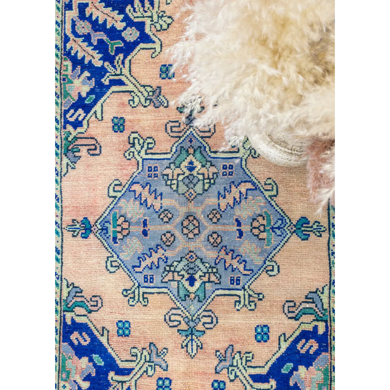 Tapis rétro bleu unique en laine 3 pi 5 po x 5 pi 6 po années 1970