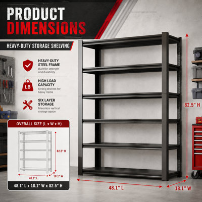 Étagère de rangement en métal noir robuste à 6 niveaux de 82 po H, support de rangement industriel réglable à capacité de charge de 2400 lb, l 48 po x P 18 po x H 82 po pour le garage et l'entrepôt