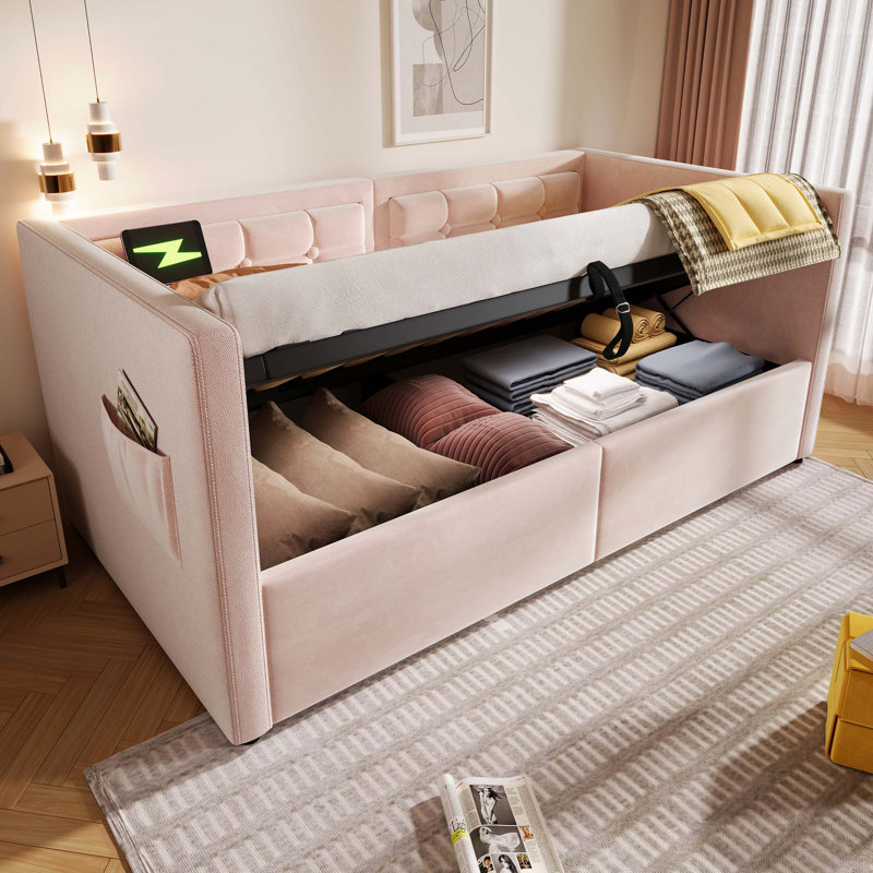 Upholstered Twin Size Daybed, Hydraulic Storage Twin Bed Frame With USB & Type-C Charging, Bed Frame With Wooden Slats And Tufted Sofa Back, Velvet (Without Mattress)
