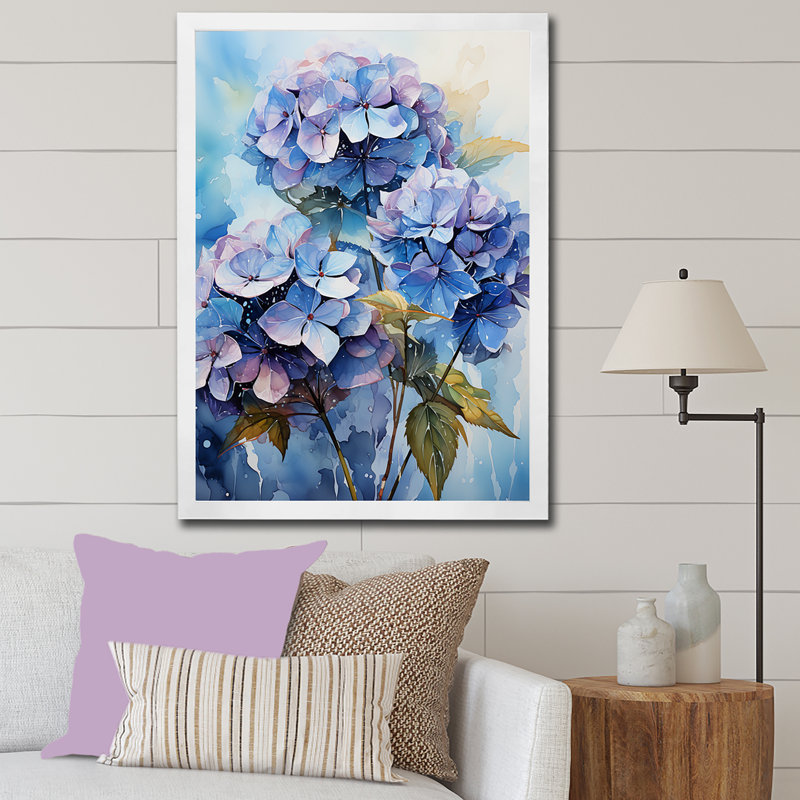 Hortensia bleue et mauve II sur toile, Cadre photo blanc, H 20 po x l 12 po x P 1 po