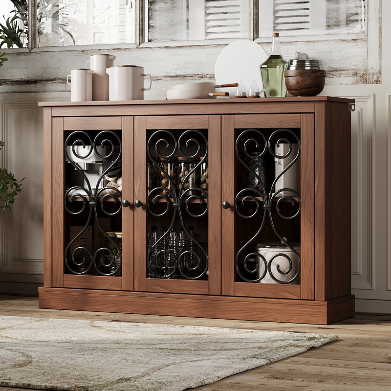 Buffet, l 46,5 po x P 11,75 po x H 31,25 po, 1 pièce, buffet, noyer, avec 3 portes décoratives en métal