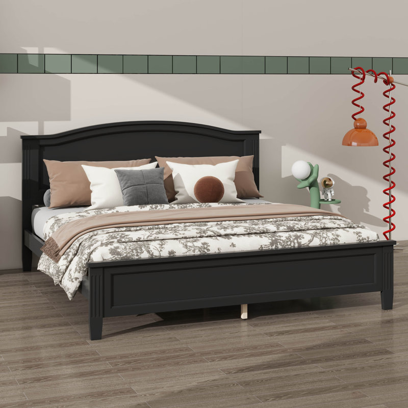Lit plateforme avec tête de lit et pieds en lattes de bois, Black, Full