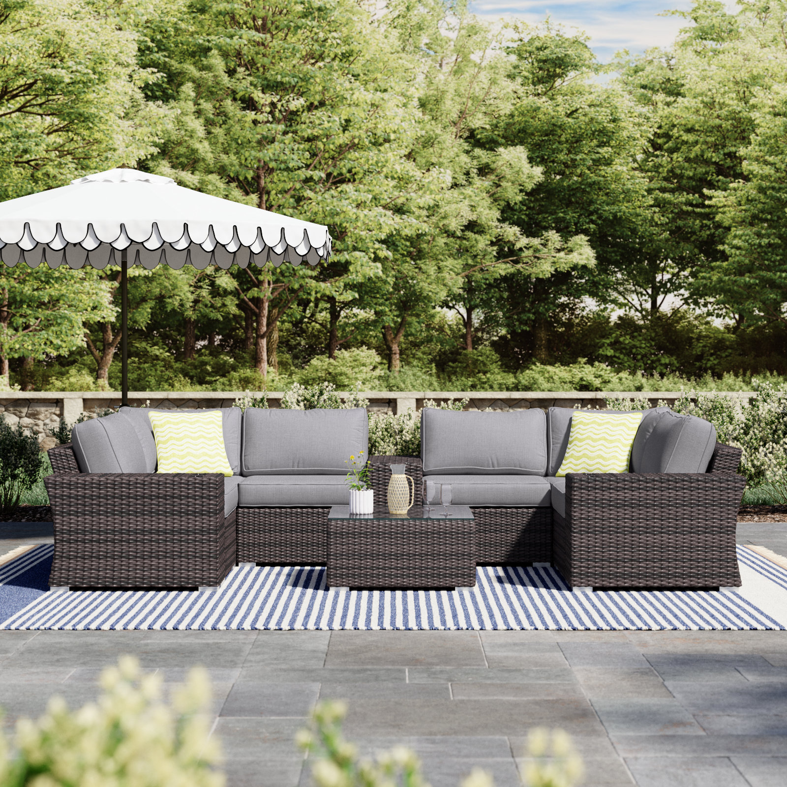 Saffi Fully Assembled 10 Piece Sectional Seating Group with Cushions, Brown, Olefin Gray