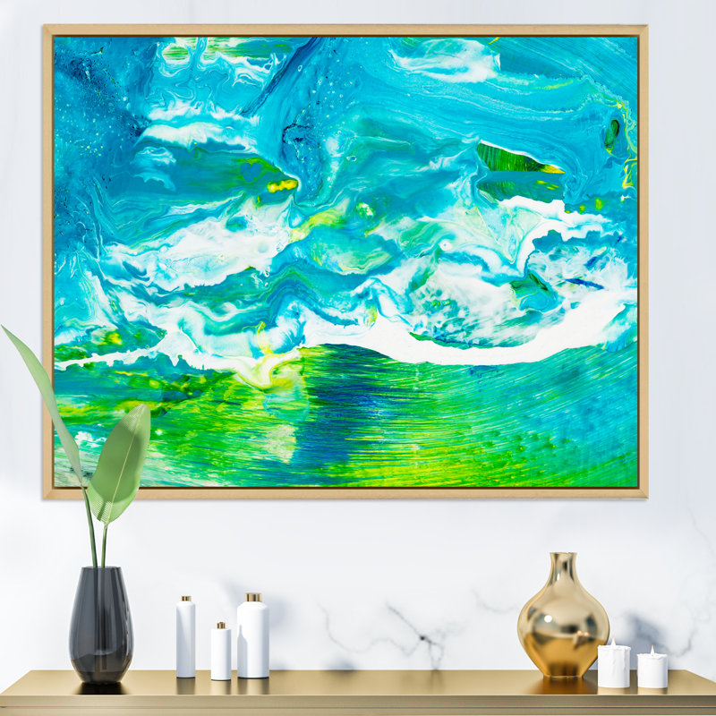 Encre bleue et verte abstraite - peinture sur toile, H 12 po x l 20 po, Cadre flottant en érable