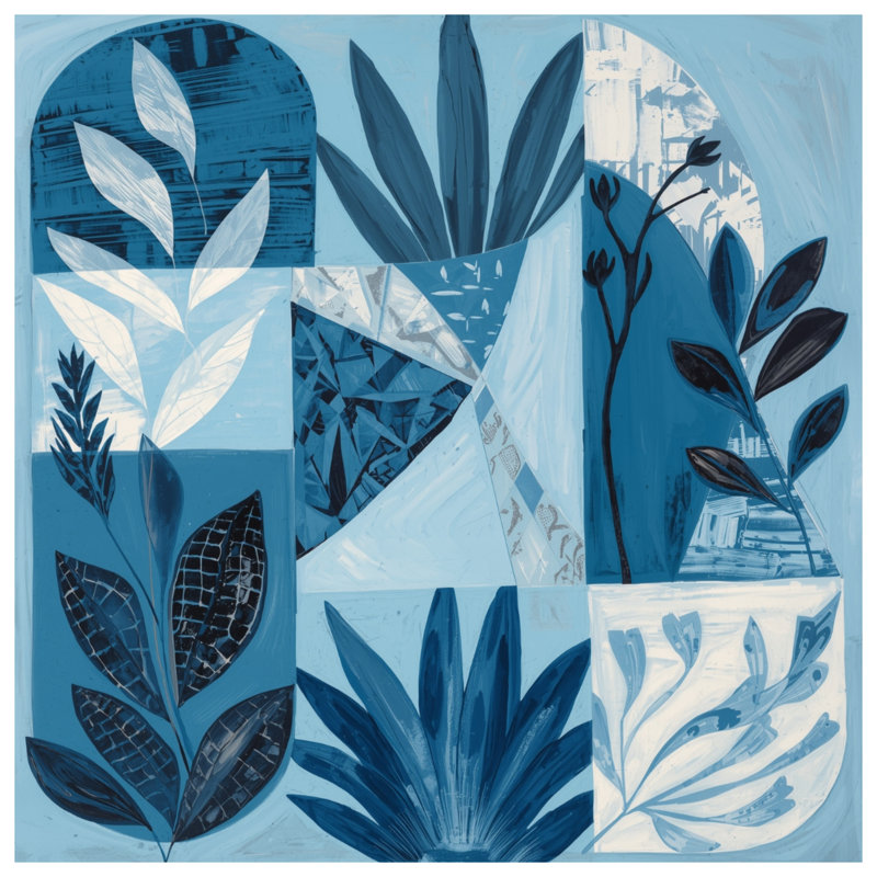 Tapisserie murale «Blue Botanical Collage» - décoration murale botanique, H 104 po x 88 avec 4 œillets