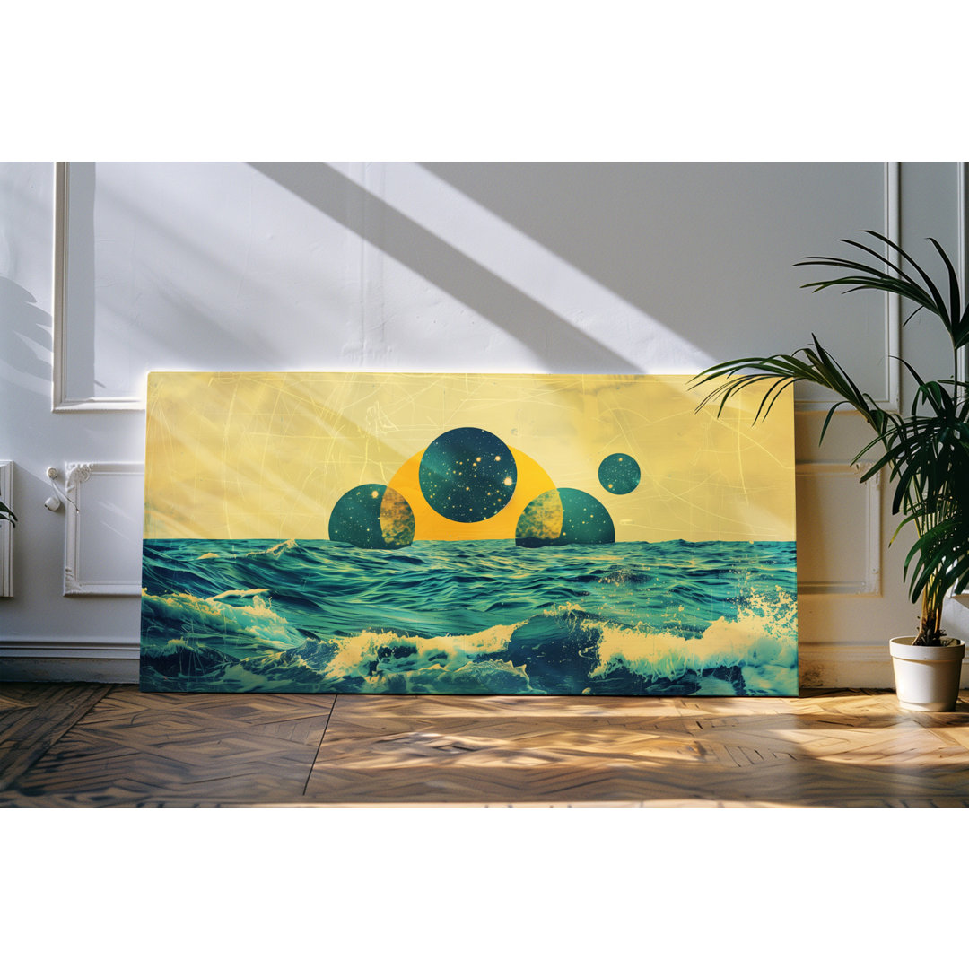 Leinwandbild gerahmt 120x60cm Meer Ozean Wellen Kunstvoll Monde Planeten Horizont