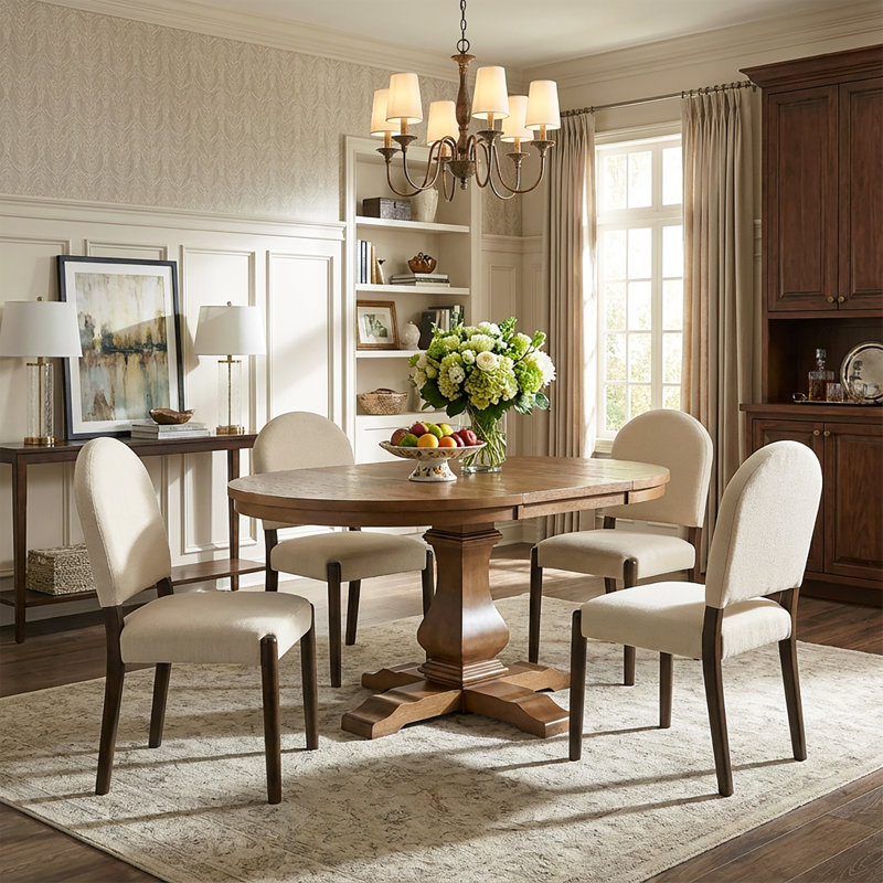 Danville 5-Piece Modern Mid-Century Rubberwood Extendable Dining Set With Upholstered Chairs, Beige/Walnut, Walnut