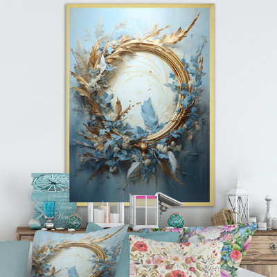 Couronne de fleurs bleues et dorées III sur toile