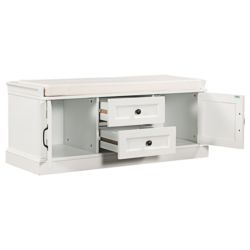 42.5" Wide Shoe Storage Bench With Cushion Storage Bench with 2 Drawers and 2 Cabinets, White