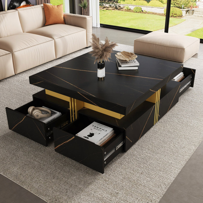 Table basse moderne carrée avec rangement et 4 tiroirs, Noir