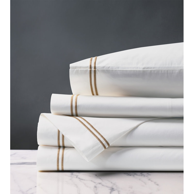 Enzo Egyptian Cotton Percale Sheet Set, King Sheet Set + 2 Pillowcases, White/Antique