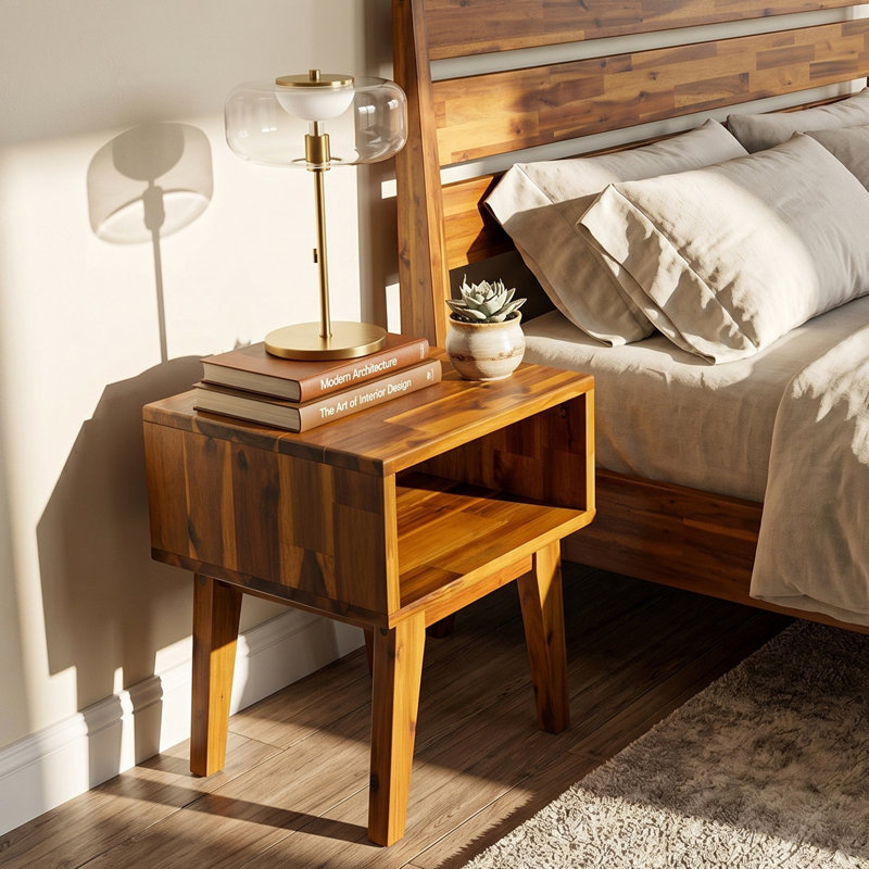 Acacia Serena Solid Wood Nightstand, Mid Century Modern Side Table Bedroom with Storage, Caramel