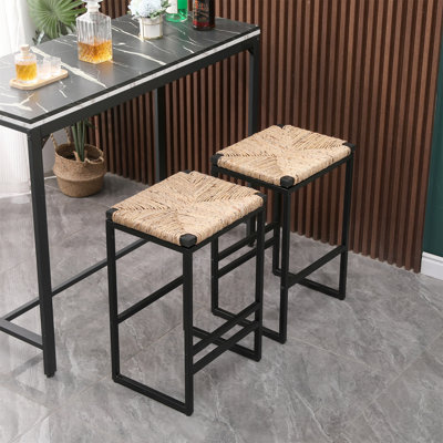 Set Of 2 Backless Bar Stools With Water Hyacinth Seat And Metal Frame