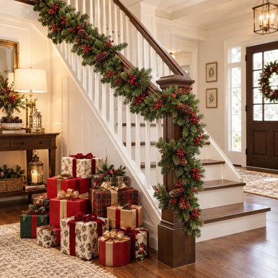 Guirlande de Noël de 6 pi avec lumières DEL, pomme de pin et baie rouge pour manteau de cheminée, porte, rampe d'escalier et décoration intérieure